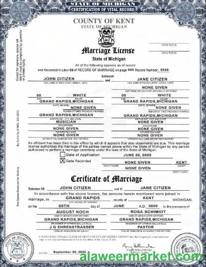 USA state Michigan Kent County marriage certificate template in PSD format, fully editable, version 2
